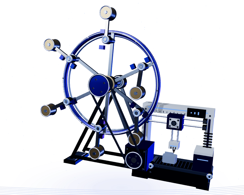 A weighted pendulum wheel driving a 3D printer that builds a rounded robot head with a dark visor layer by layer and dispatches it on a conveyor